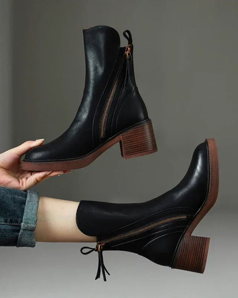 Moncelia Chantal Side-Zip Stacked Heel Ankle Boots