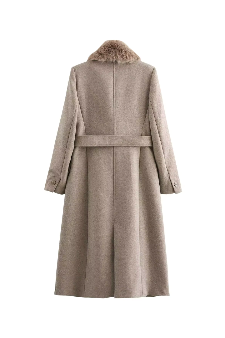 Moncelia Lidia Faux Fur Collar Belted Wool-Blend Coat
