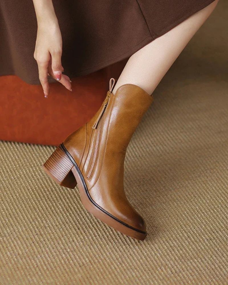 Moncelia Chantal Side-Zip Stacked Heel Ankle Boots