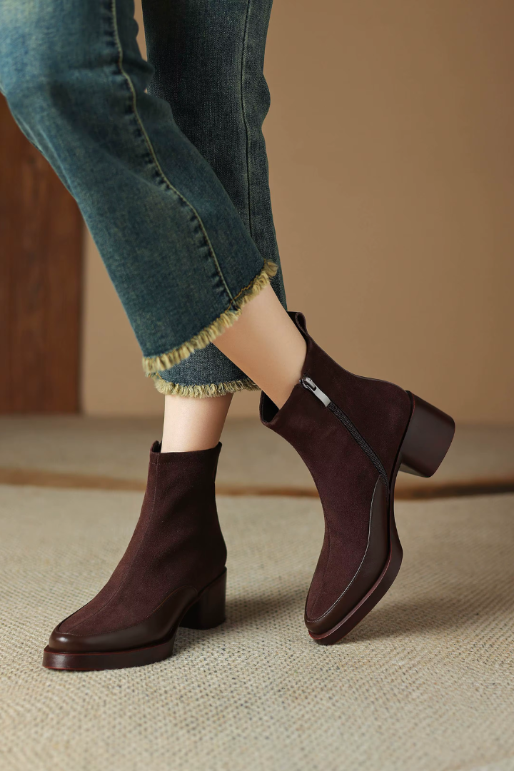 Moncelia Tiziana Faux Suede Block Heel Ankle Boots