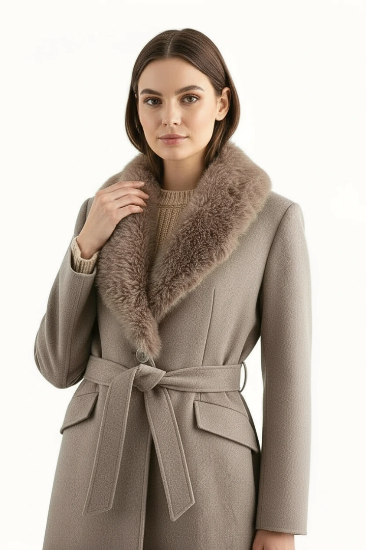Moncelia Lidia Faux Fur Collar Belted Wool-Blend Coat