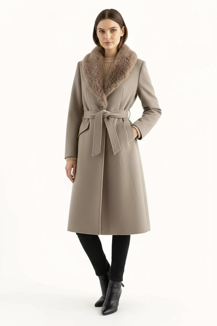 Moncelia Lidia Faux Fur Collar Belted Wool-Blend Coat