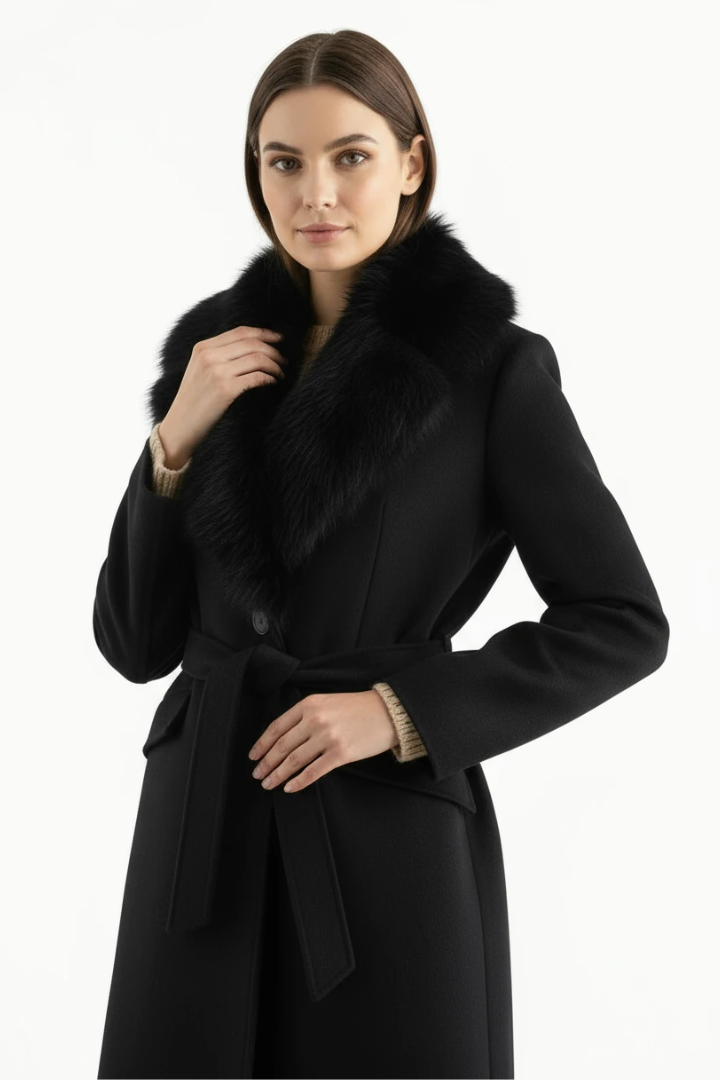 Moncelia Lidia Faux Fur Collar Belted Wool-Blend Coat