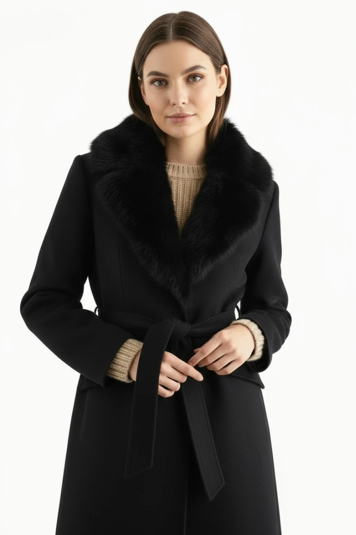 Moncelia Lidia Faux Fur Collar Belted Wool-Blend Coat