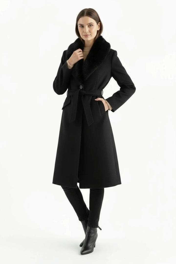 Moncelia Lidia Faux Fur Collar Belted Wool-Blend Coat