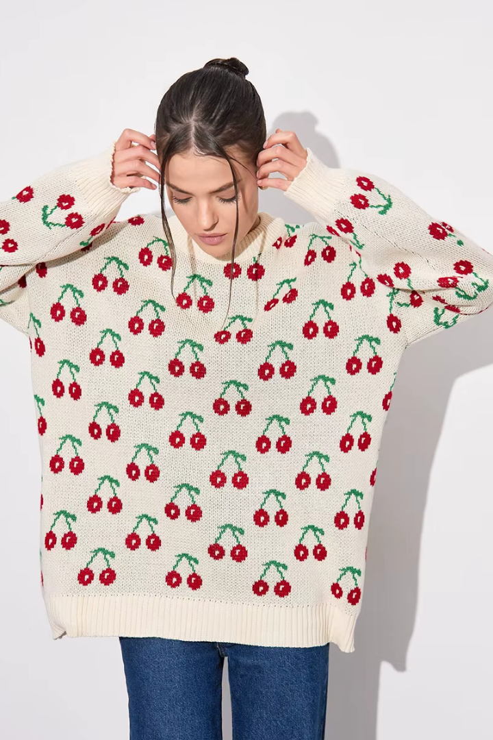 Moncelia Perrine Cherry Jacquard Crew Neck Sweater