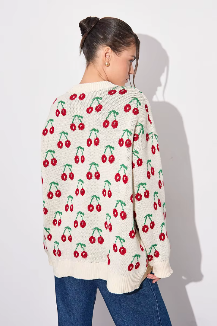 Moncelia Perrine Cherry Jacquard Crew Neck Sweater