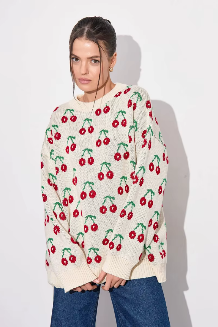 Moncelia Perrine Cherry Jacquard Crew Neck Sweater
