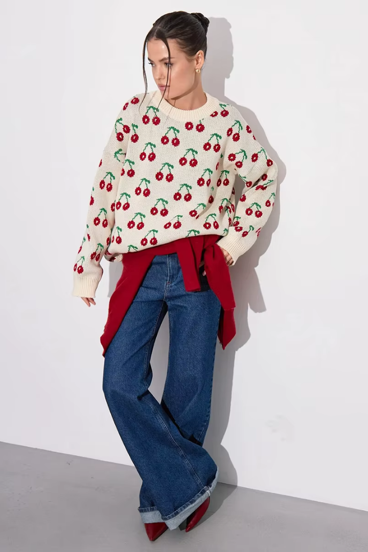 Moncelia Perrine Cherry Jacquard Crew Neck Sweater