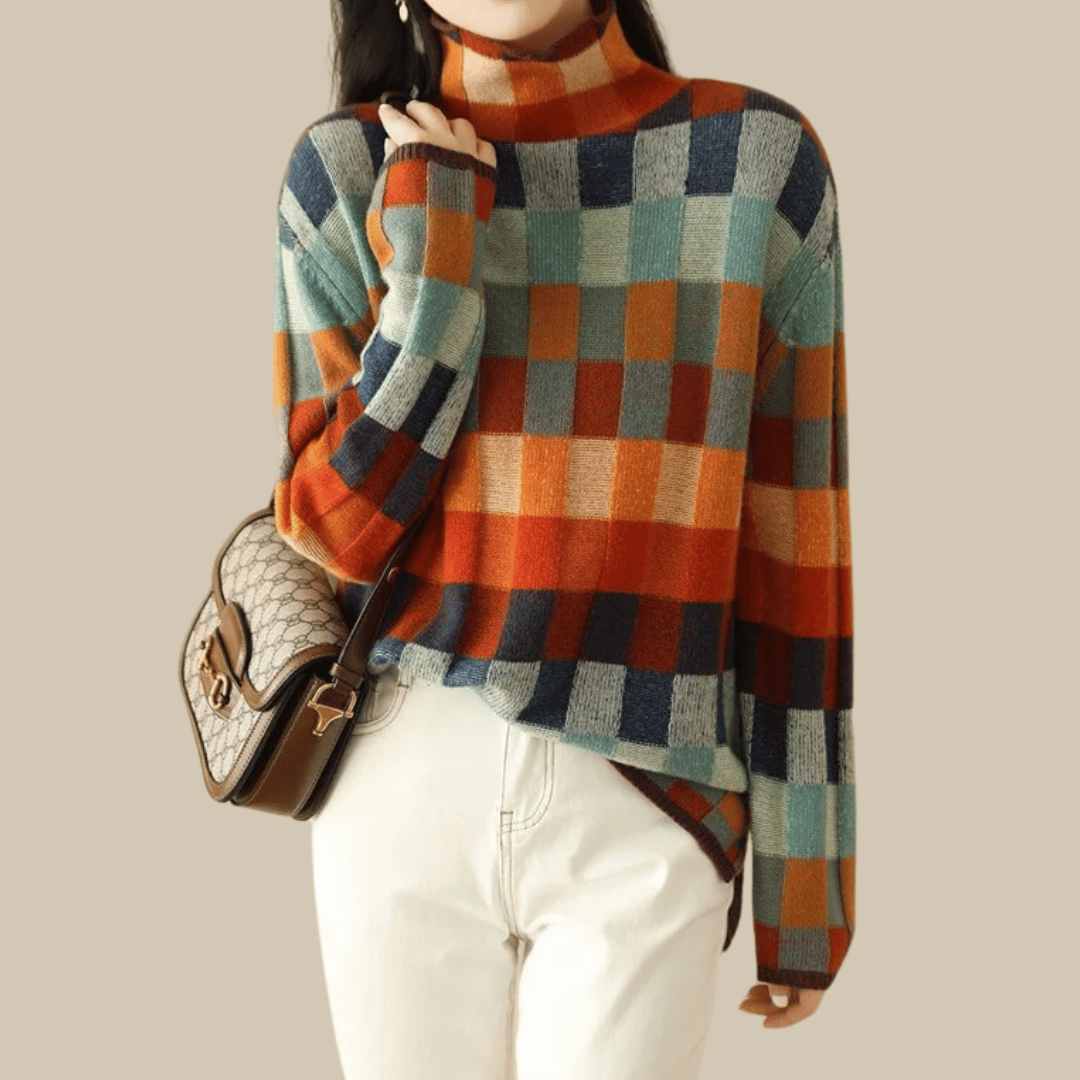 Moncelia Ravelyn Patchwork Check Turtleneck Sweater