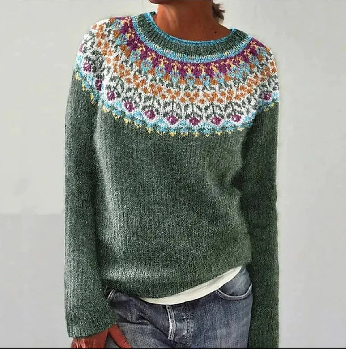 Moncelia Rosette Nordic Yoke Pullover Sweater