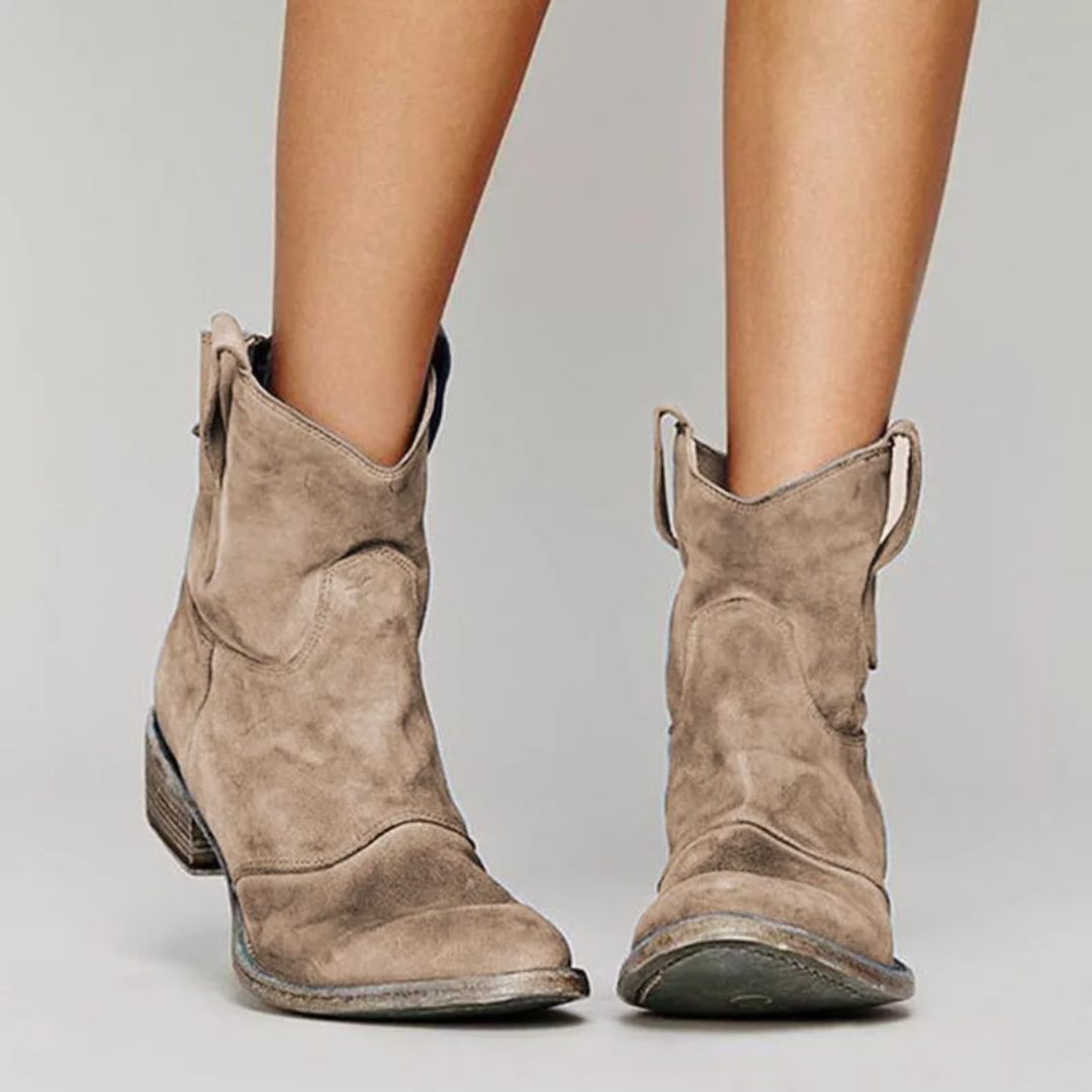 Moncelia Nieves Distressed Faux Suede Western Ankle Booties