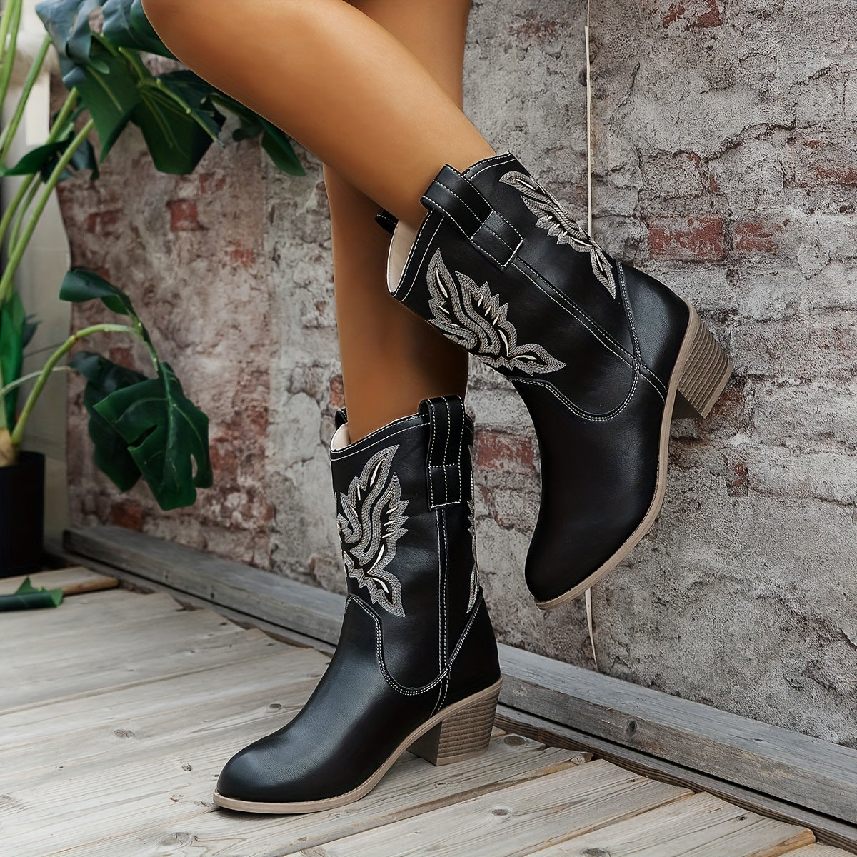 Moncelia Bianca Embroidered Mid-Calf Western Boots