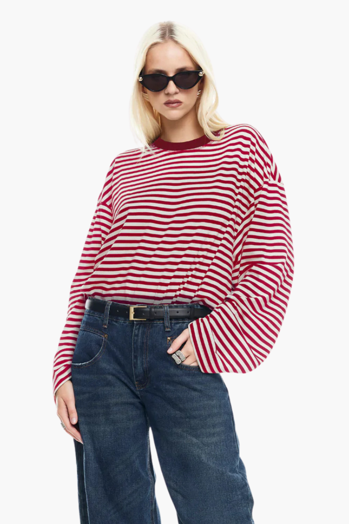 Moncelia Laelia Striped Boxy Long Sleeve Knit Top
