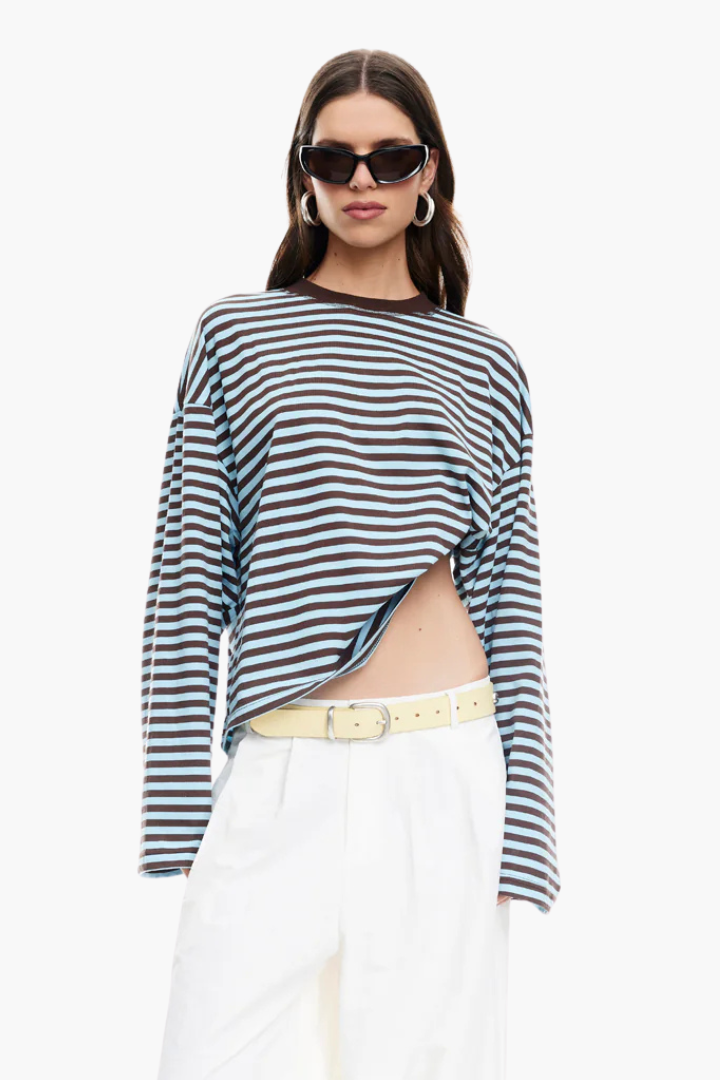Moncelia Laelia Striped Boxy Long Sleeve Knit Top