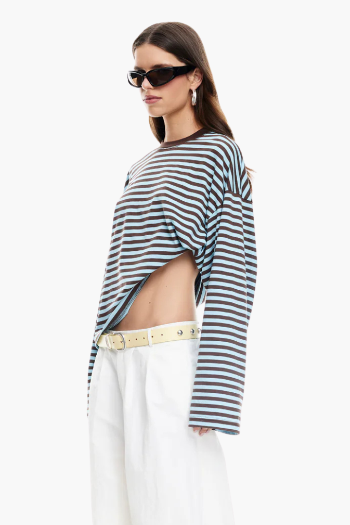 Moncelia Laelia Striped Boxy Long Sleeve Knit Top