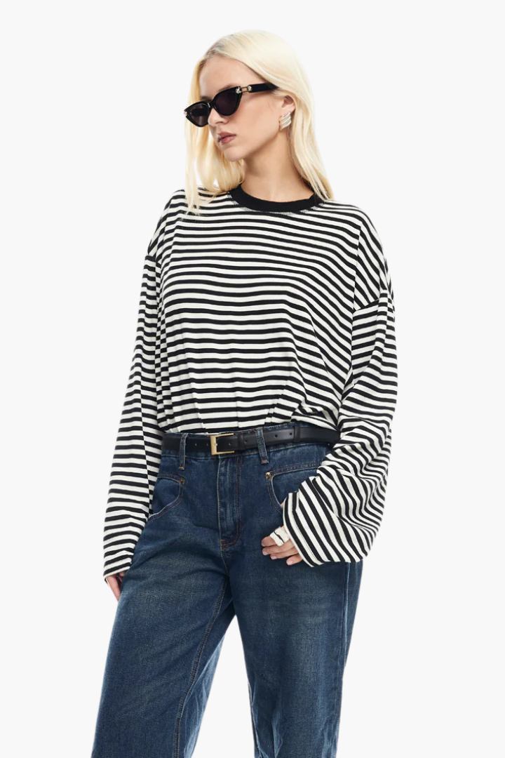 Moncelia Laelia Striped Boxy Long Sleeve Knit Top