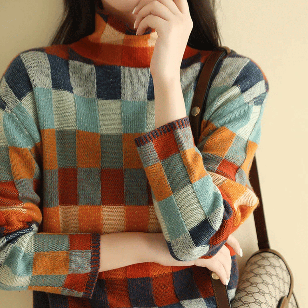 Moncelia Ravelyn Patchwork Check Turtleneck Sweater