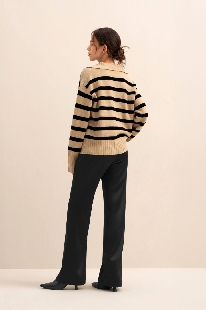 Moncelia Axelle Striped Collared V-Neck Sweater