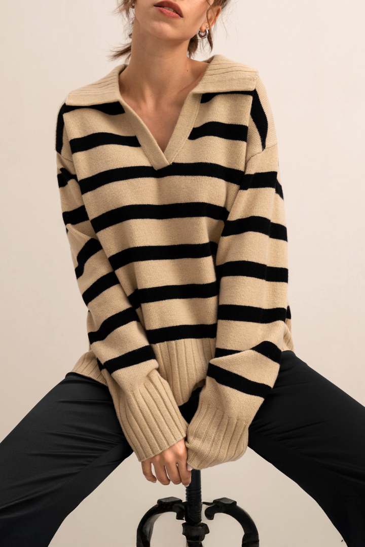 Moncelia Axelle Striped Collared V-Neck Sweater