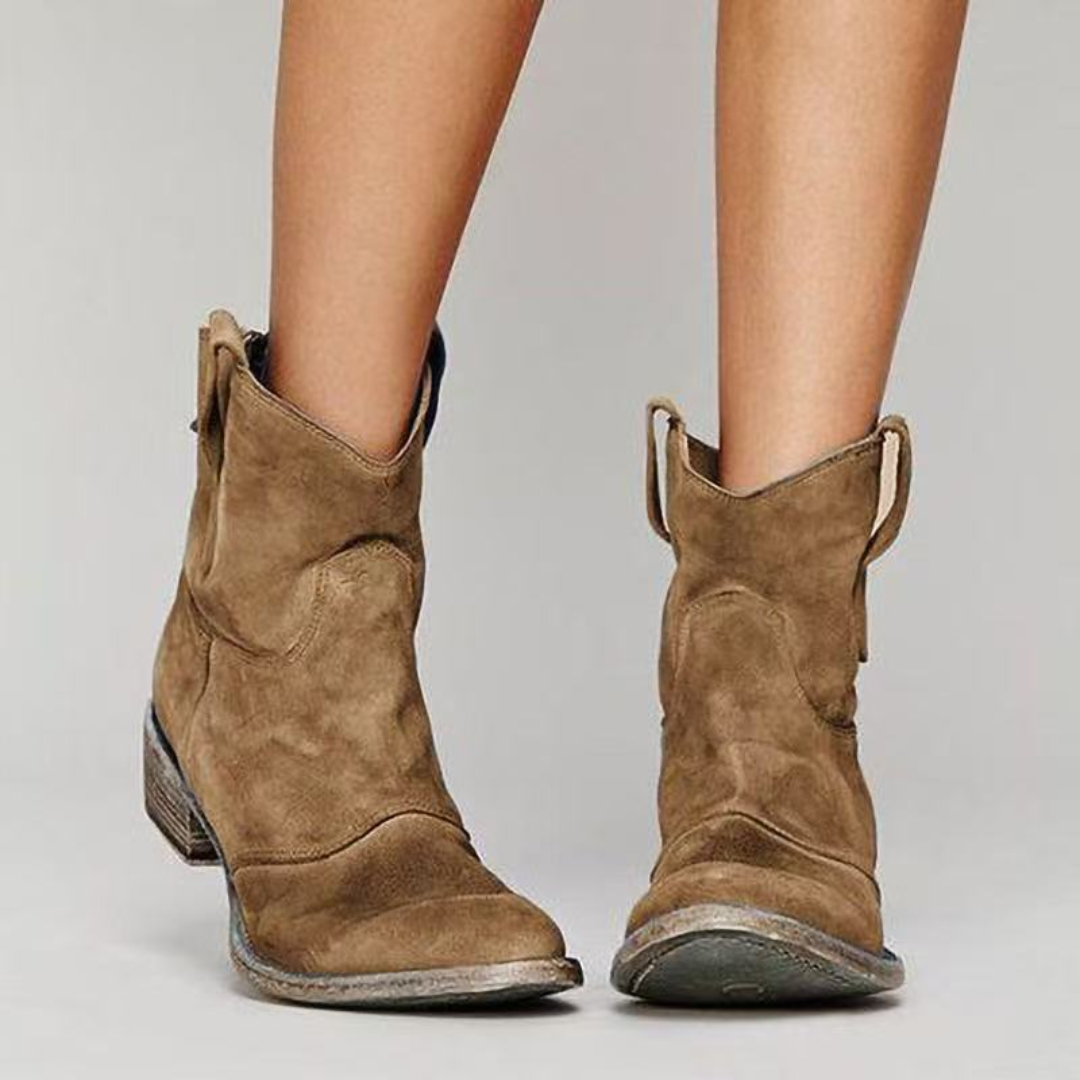 Moncelia Nieves Distressed Faux Suede Western Ankle Booties
