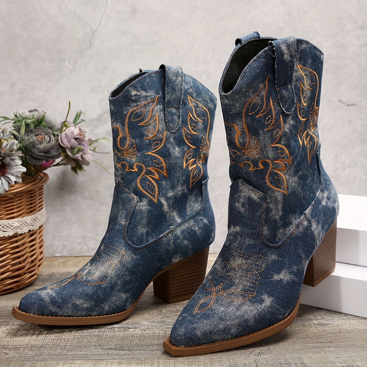Moncelia Roberta Denim-Look Mid-Calf Western Boots