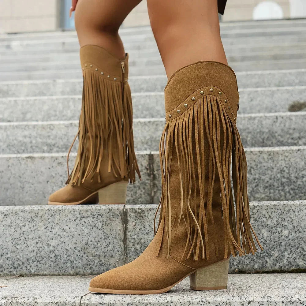 Moncelia Mira Fringe Trim Mid-Calf Western Boots