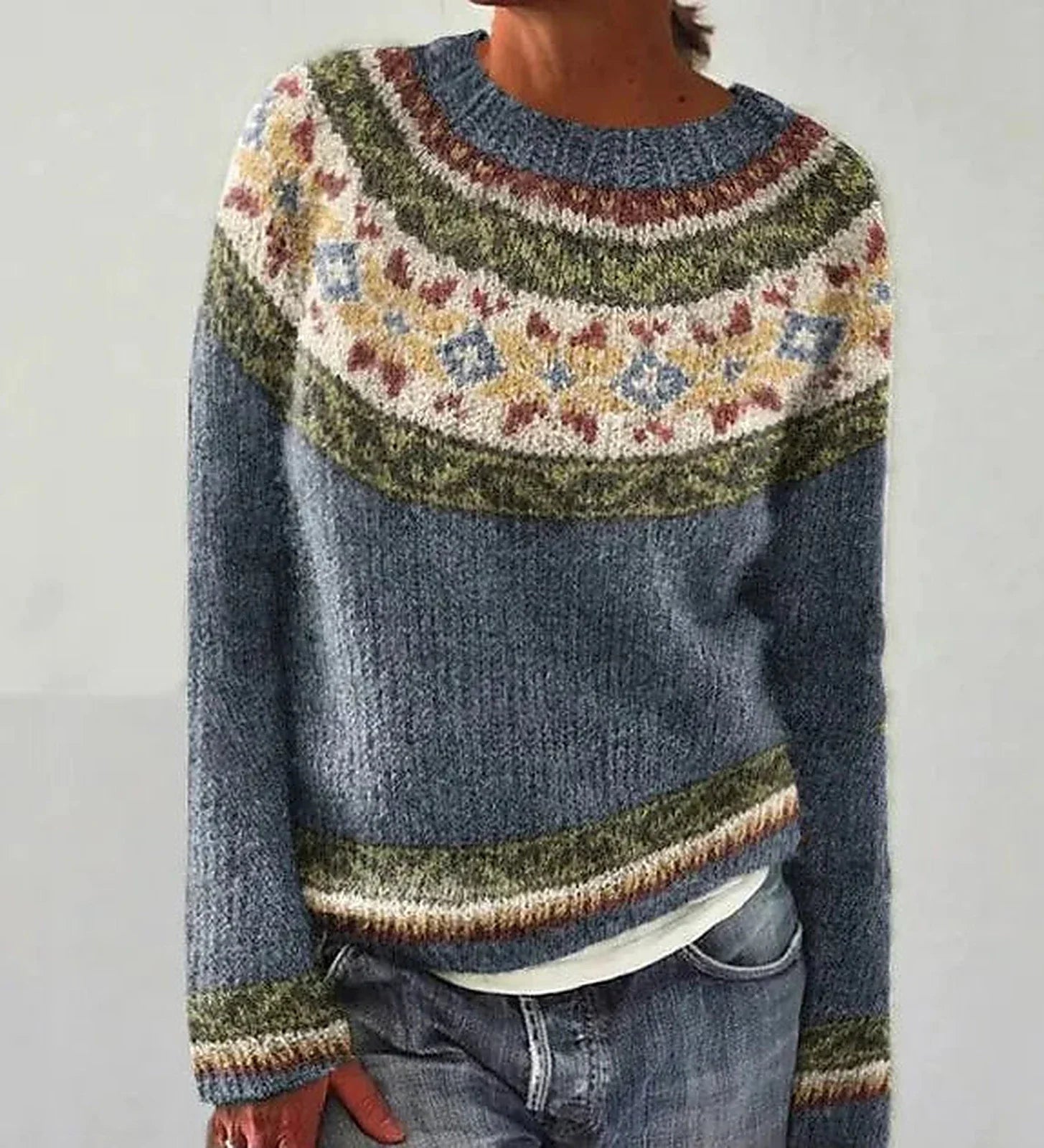 Moncelia Rosette Nordic Yoke Pullover Sweater