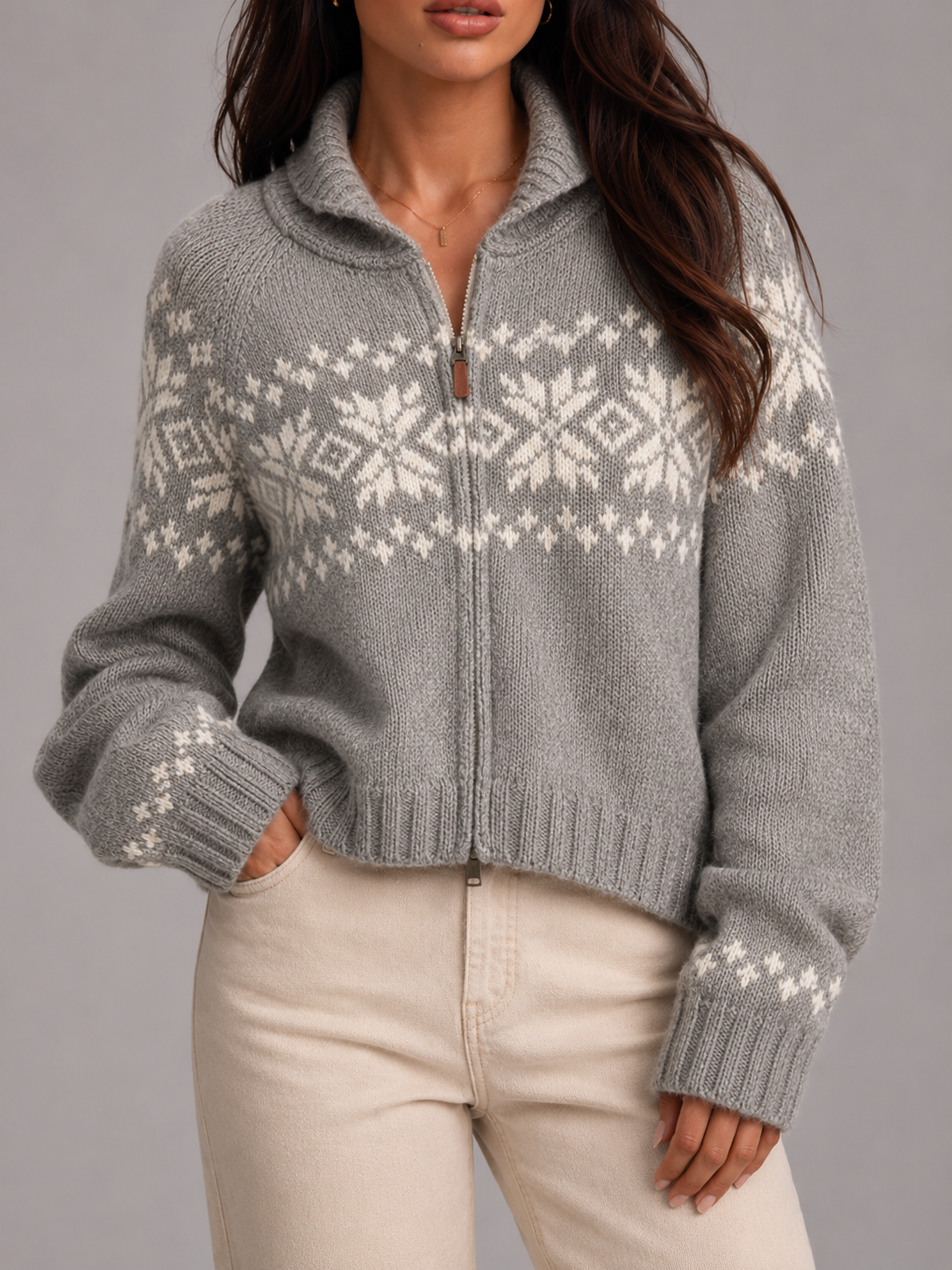 Moncelia Ariane Fair Isle Zip-Front Knit Cardigan