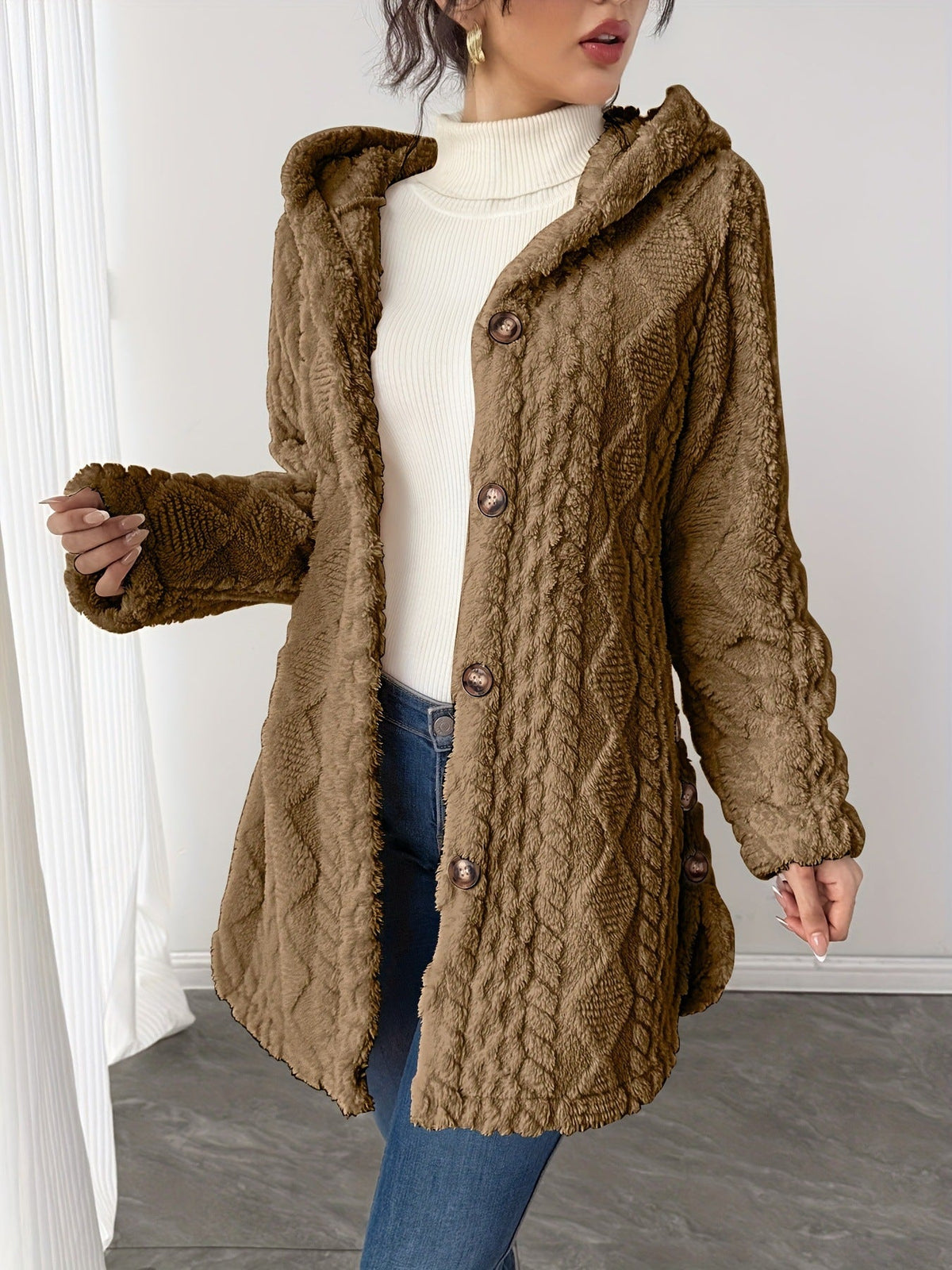 Moncelia Embla Hooded Sherpa Fleece Button Jacket