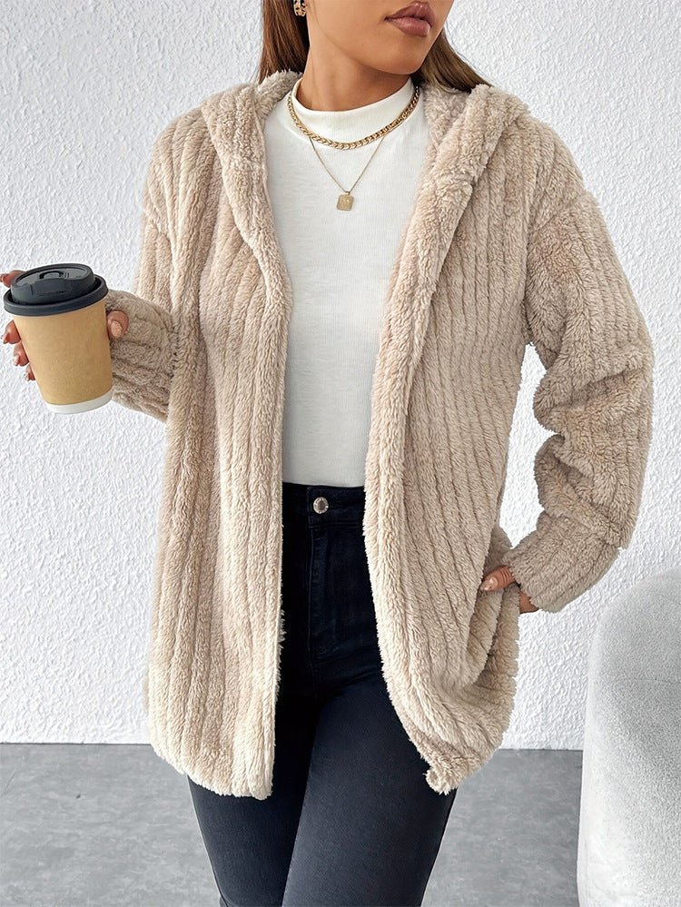 Moncelia Marzia Hooded Ribbed Plush Fleece Jacket