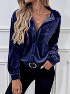Margo & Main royal blue velvet button-front shirt — open collar and belted with dark jeans