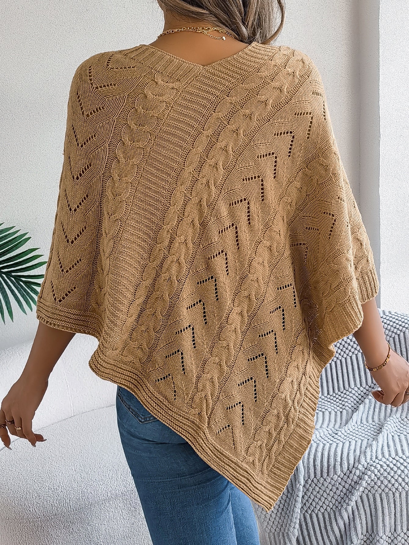 Moncelia Dalila Cable Knit V-Neck Cape Poncho
