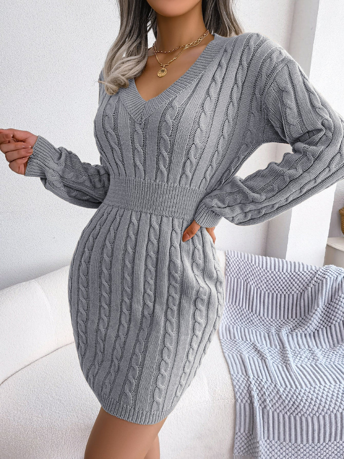 Moncelia Michela Cable-Knit Smocked-Waist Sweater Dress