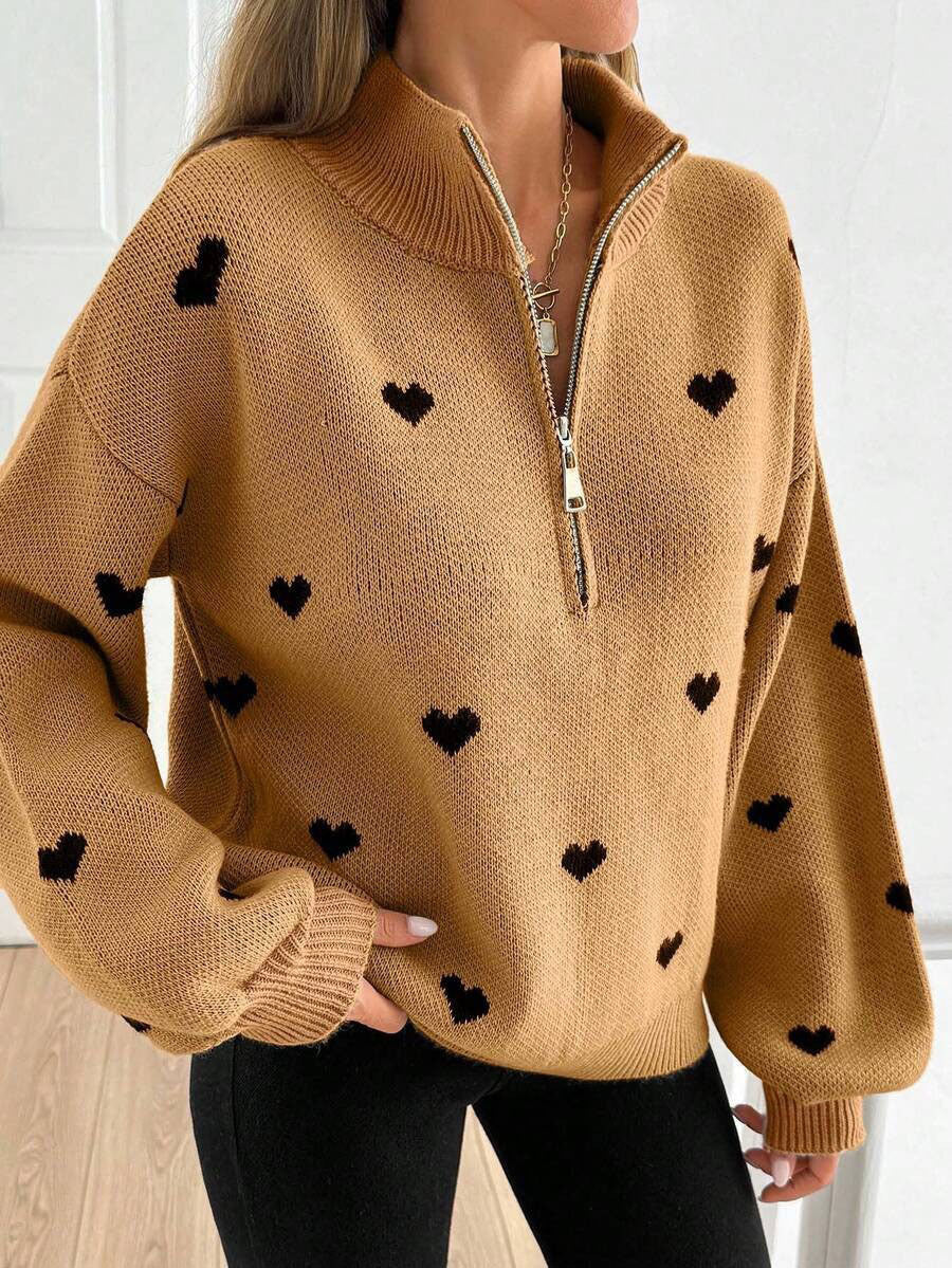 Moncelia Signy Heart Print Quarter-Zip Sweater