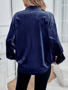 Margo & Main royal blue velvet button-front shirt — back view with drop shoulders, US women's sizes