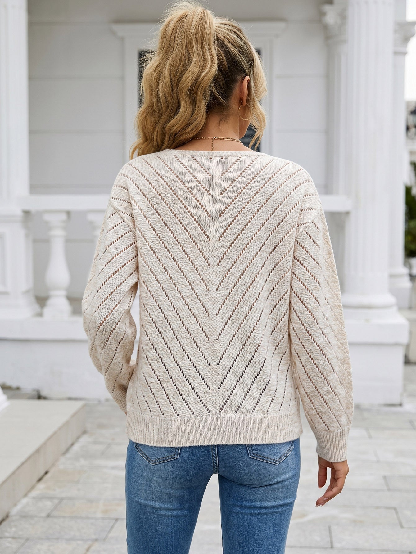 Moncelia Eliane Pointelle V-Neck Knit Pullover