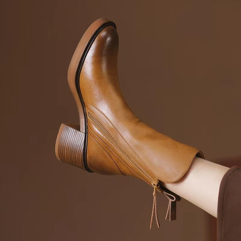 Moncelia Chantal Side-Zip Stacked Heel Ankle Boots