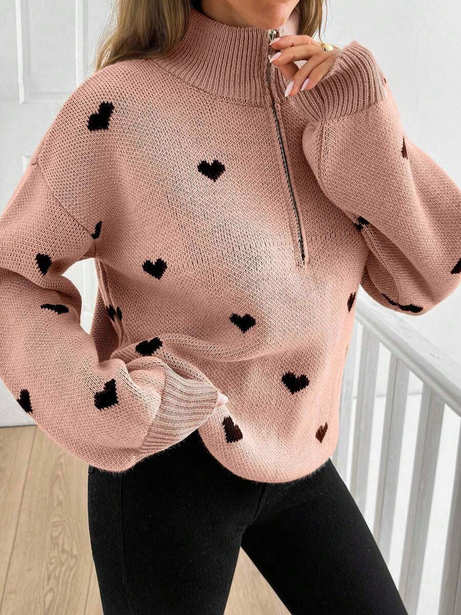Moncelia Signy Heart Print Quarter-Zip Sweater