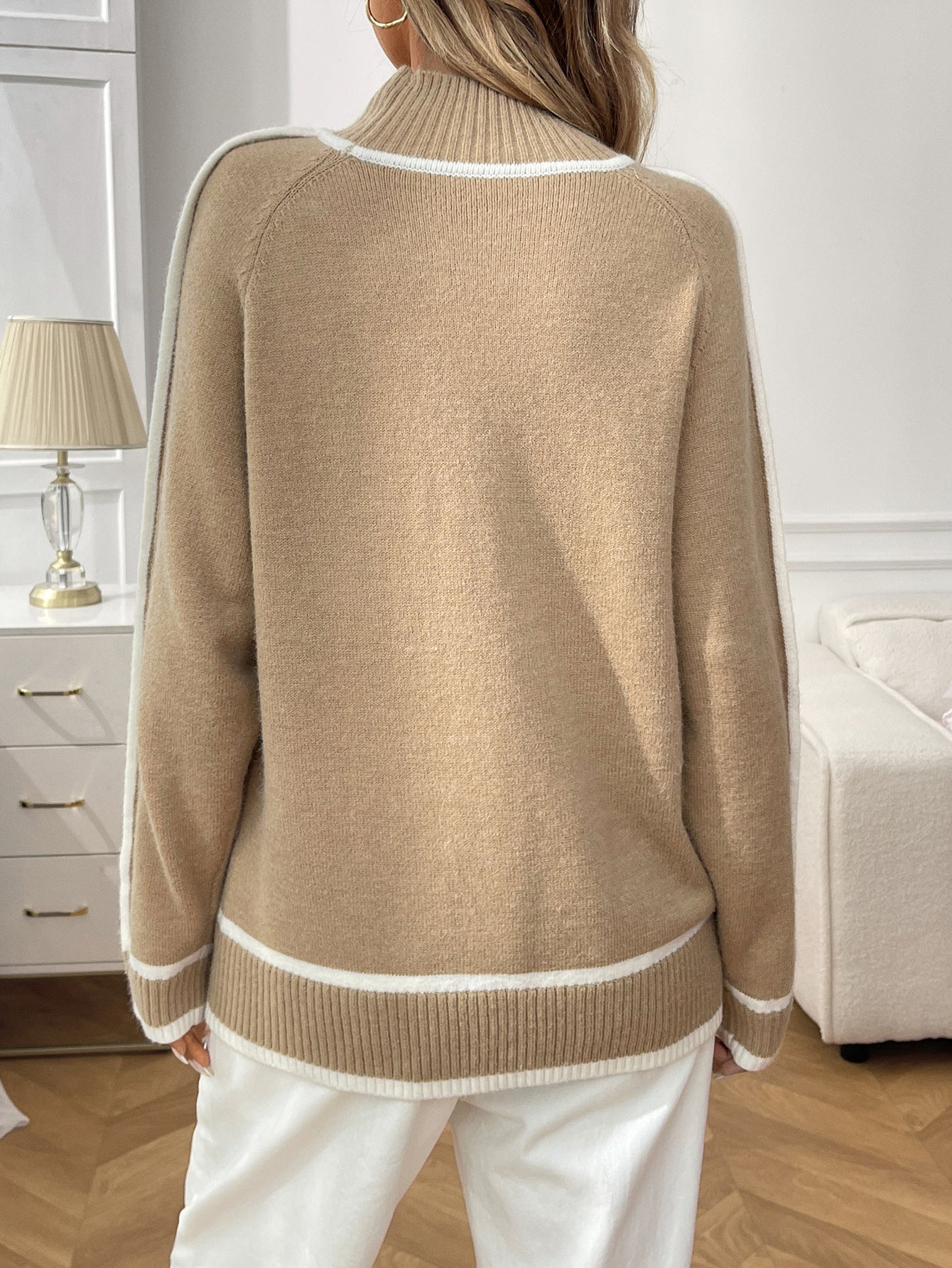 Moncelia Isaline Contrast-Trim Mock Neck Sweater