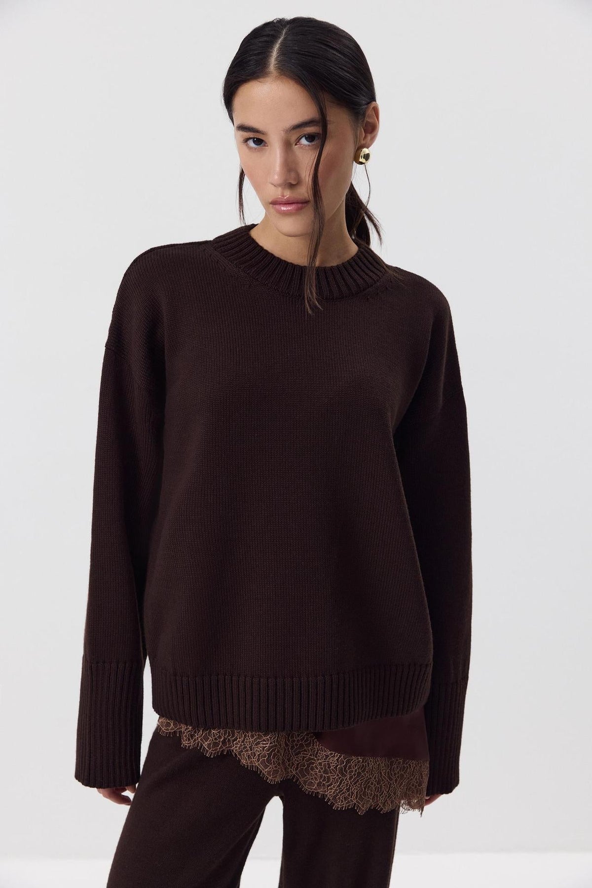 Moncelia Ottilia Cotton-Blend Crew Neck Drop Shoulder Sweater