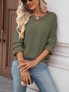 Moncelia Rachele Waffle Knit Split-Neck Long Sleeve Top