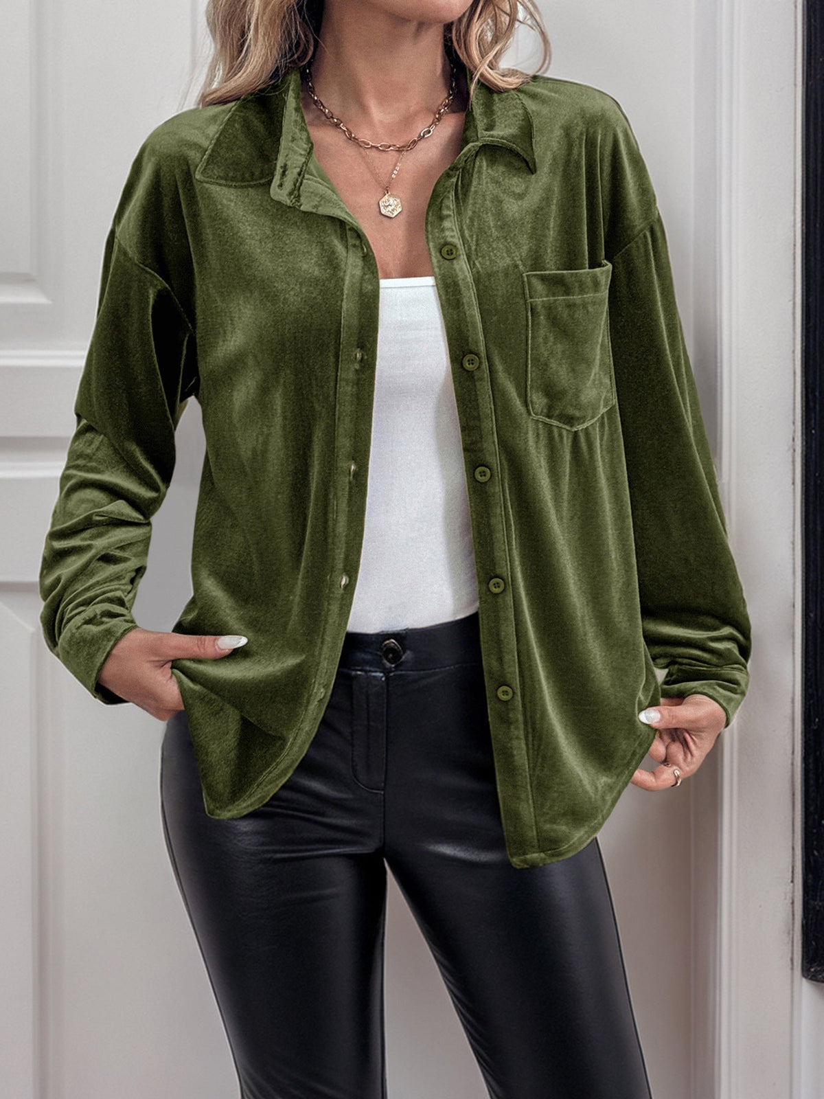 Margo & Main green velvet button-front shirt — worn open over a white tank with pocket, US women's sizes