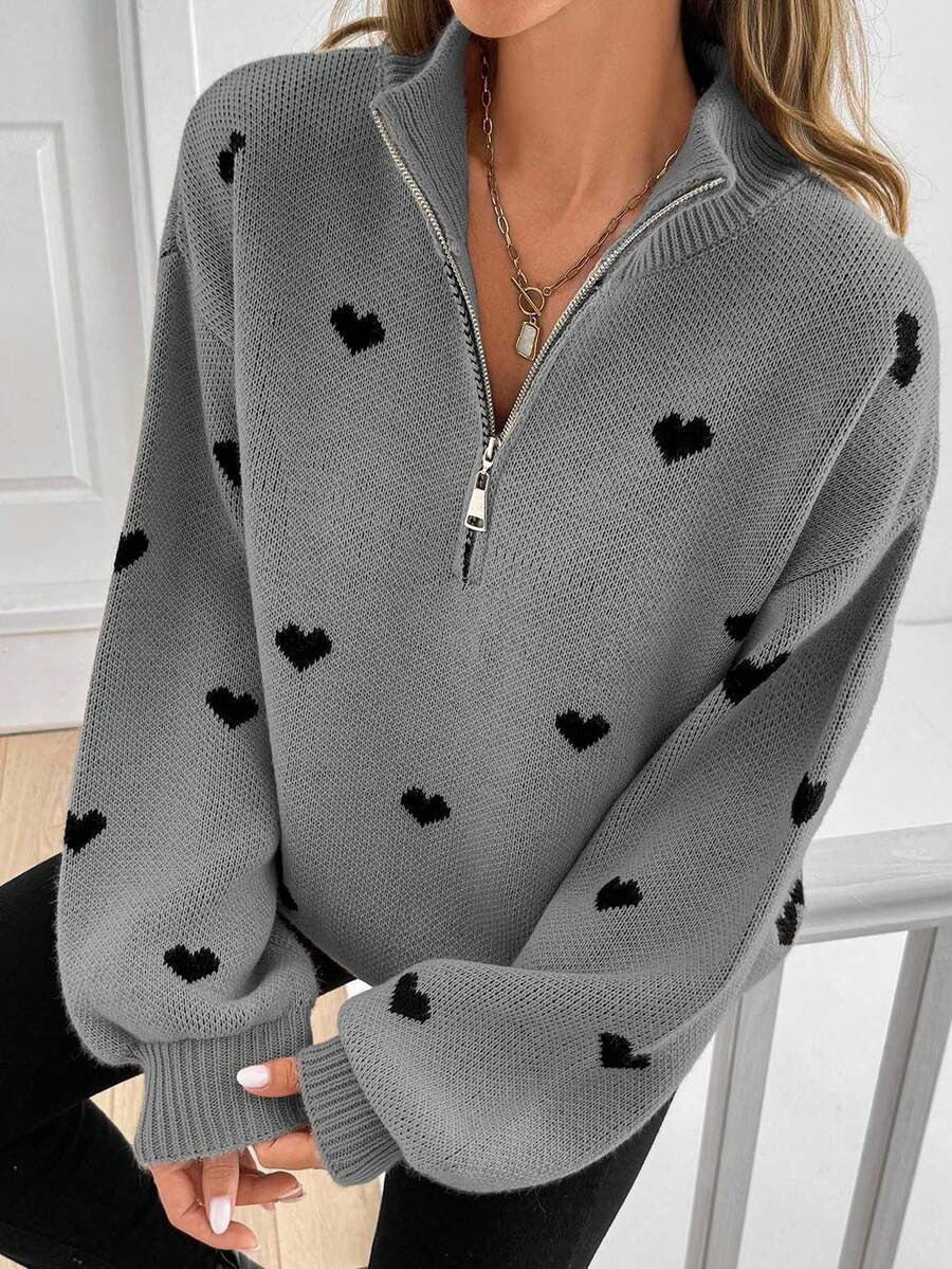 Moncelia Signy Heart Print Quarter-Zip Sweater