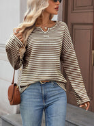 Moncelia Rachele Waffle Knit Split-Neck Long Sleeve Top