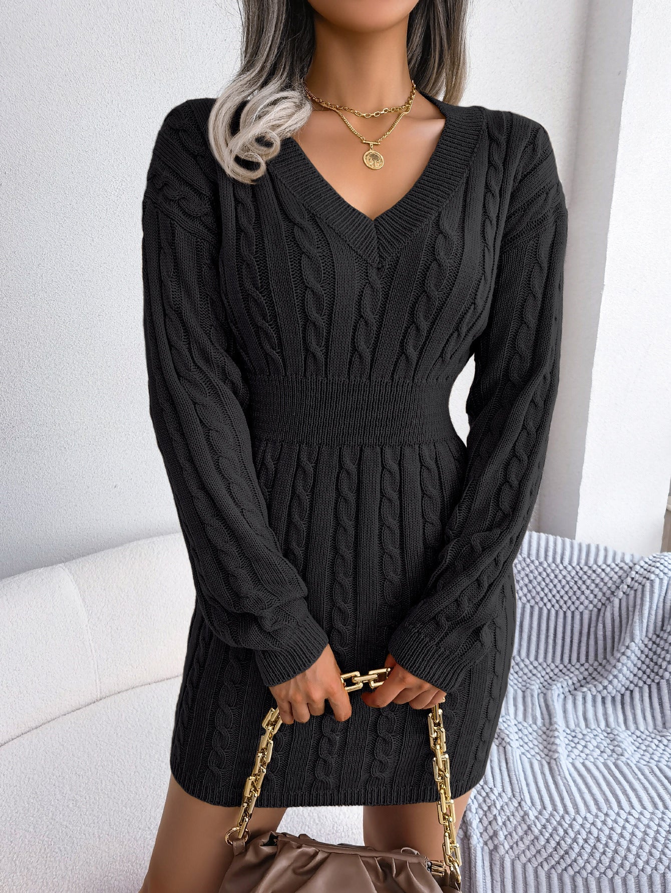 Moncelia Michela Cable-Knit Smocked-Waist Sweater Dress