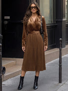 Margo & Main chocolate velvet pleated midi dress — front view with lapel collar and belt, US women's sizes