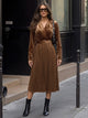 Margo & Main chocolate velvet pleated midi dress — front view with lapel collar and belt, US women's sizes