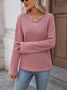 Moncelia Rachele Waffle Knit Split-Neck Long Sleeve Top