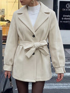 Margo & Main cream wool blend belted short coat — front view with notch lapels and tie belt